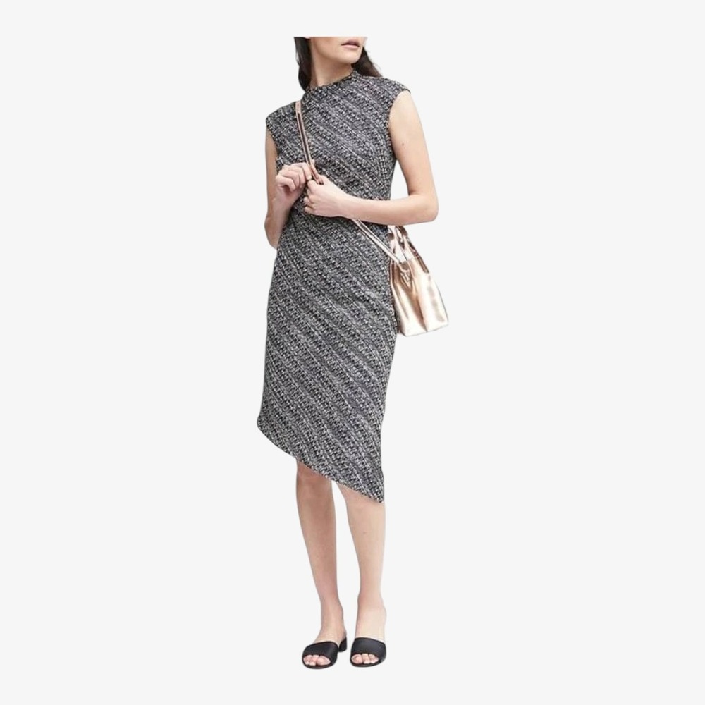 Banana Republic Tweed Asymmetrical Hem Sleeveless Sheath Dress in Black White 0P